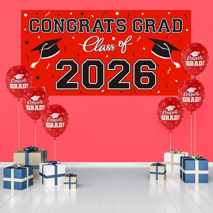 2026 Graduation Party Plastic Backdrop - 65" x 32.7" Congrats Grad Banner in Red, Large Class of 2026 Decorations, Photography & Grad Party Supplies