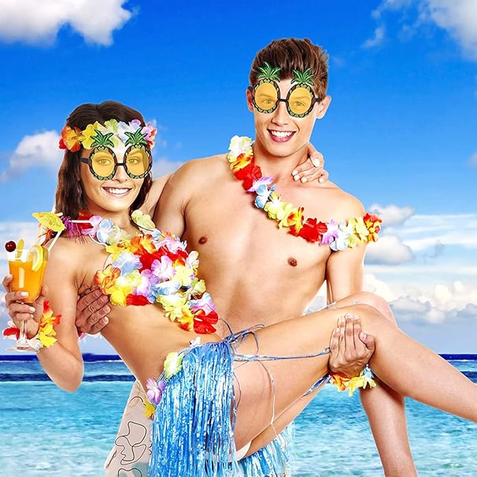 32pcs Hawaiian Leis Party Decorations, Necklace Flowers Bracelets Headband, Tropical Hawaiian Party Night Bar Vacation