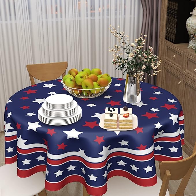 4th of July Tablecloth Round 70 Inch Patriotic Independence Day American Flag Table Cloth Washable Navy Blue Memorial Day Table Cover for Kitchen Dinner Room Holiday Picnic Party Indoor Outdoor Decor
