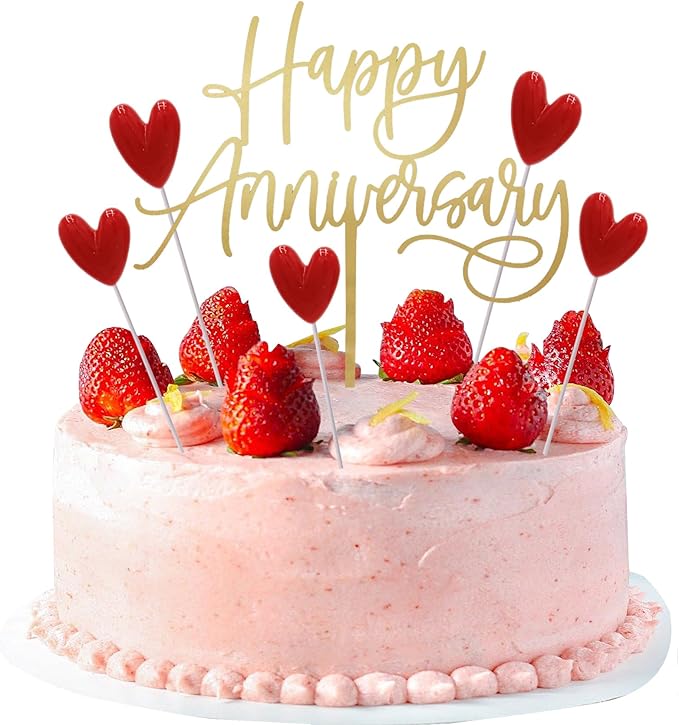 Happy Anniversary Cake Topper Happy Anniversary Cake Decorations for Party Decorations (gold red heart)