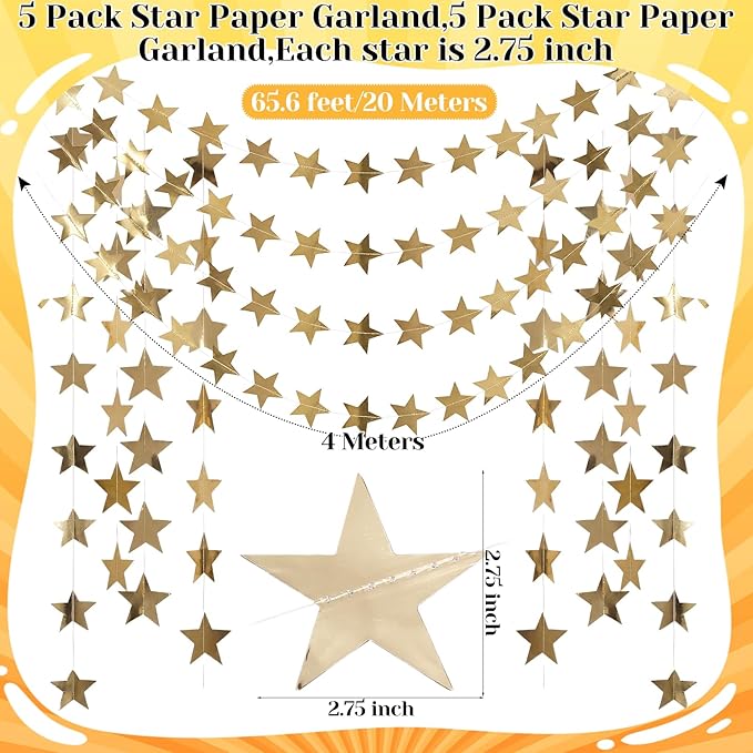 Spakon 65 Feet Glitter Star Paper Garland Banner Hanging Decoration Star Streamers Double Side 2026 Graduation Decorations for Wedding Birthday Festival New Year Party Decoration(Champagne Gold)