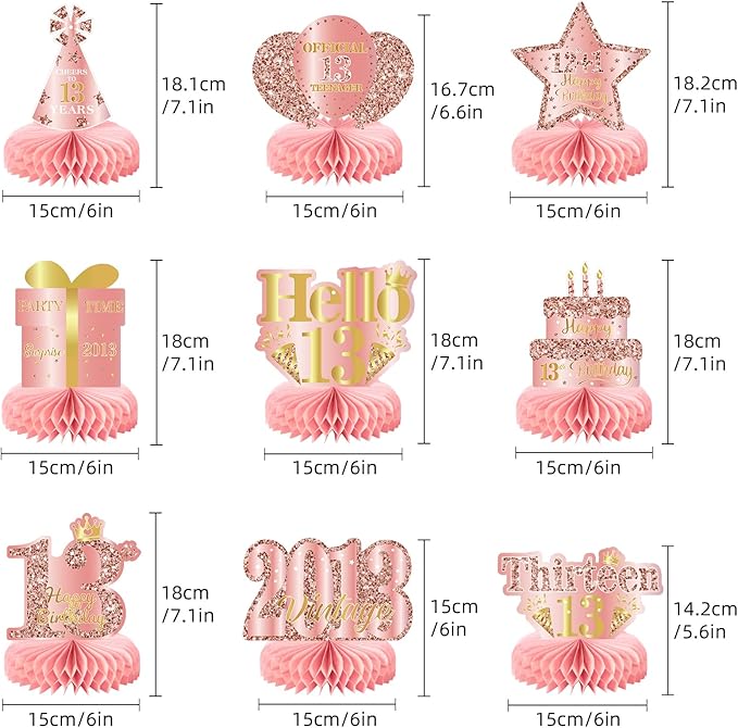 9Pcs 13th Birthday Decorations Rose Gold 13th Birthday Party Decorations for Girls,Pink Happy 13 Years Honeycomb Centerpieces Table Sign Decor Supplies