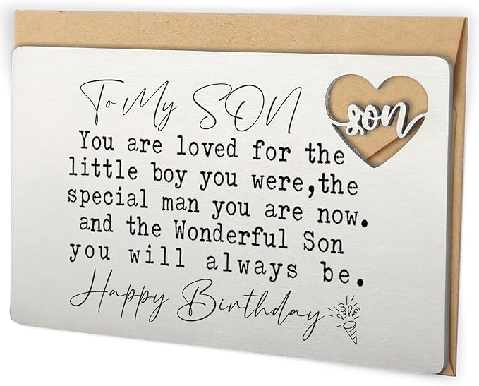 YODOCAMP To My Son Happy Birthday Wallet Insert, Stainless Steel Laser-Engraved Postcard with Heart Cutout, Sentimental Birthday Gift for Son from Parents, Inspirational Pocket Keepsake Card QBK05