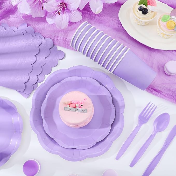 350 Pcs Light Purple Party Supplies Include Scalloped Plate Napkin Cup Forks Knives, Plastic Cutlery 50 Guest Disposable Party Tableware Set for Wedding Baby Shower Birthday Party