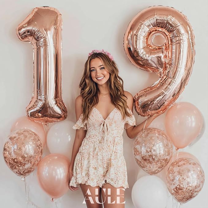 AULE 40 Inch Large 19 Number Balloons Rose Gold Big Foil Number Balloons Giant Helium Happy 19th Birthday Party Decorations for Girl Huge Mylar 91 Anniversary Supplies