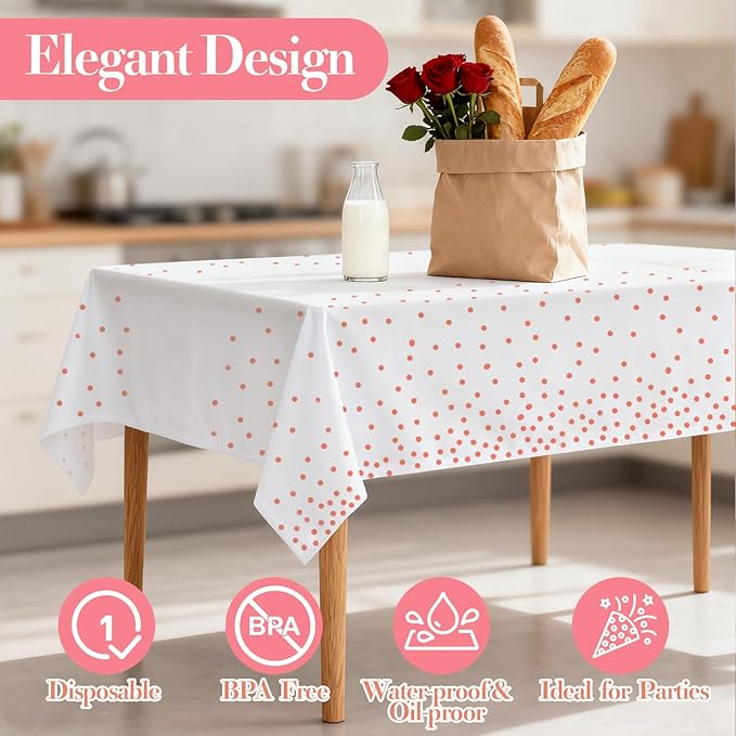 4 Pack Plastic Tablecloths for Rectangle Tables, Waterproof Disposable Party Table Cloths with Rose Gold Dot, Table Covers for Decorations, Baby Shower, Birthday, Valentines Day Mothers