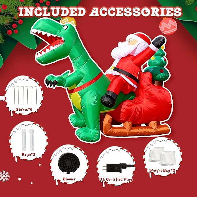 JOYHALO 8.2FT Long Christmas Inflatables with LED Santa Ride on Dinosaur Outdoor Christmas Dinosaur Inflatable Blow Up Yard Decorations with Sandbags Stakes Strings for Garden Decor