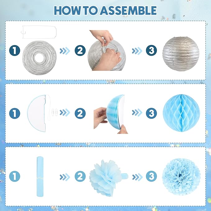 Ouddy Party Blue Baby Shower Decorations with Its a Boy Banner, Baby Boy Letter Metallic Blue Gray Silver Balloon Paper Pom Poms Honeycomb Ball for Baby Shower Gender Reveal Party Supplies