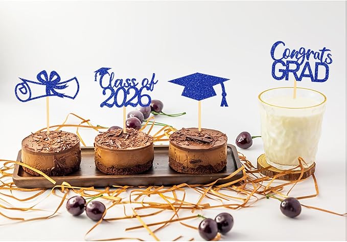 2026 Graduation Theme Cupcake Toppers Glitter Class of 2026 Graduation Cap Diploma Cupcake Picks - Set of 24 (Blue2)