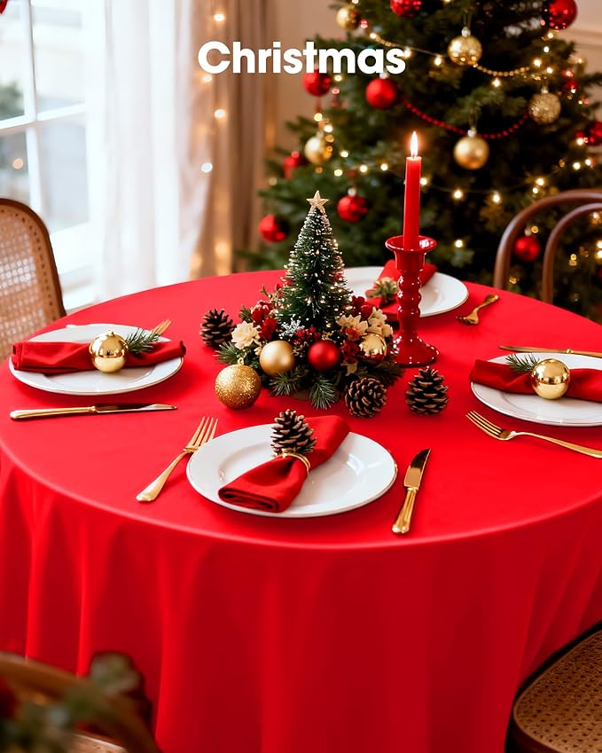 Pureegg Plastic Table Cloth Disposable 8 Pack, 84'' Round Table Cloths, Valentines Day, Thanksgiving, Christmas Decorations, Fall Tablecloths, Round, Plastic Cover, Leakproof & Sturdy, Red