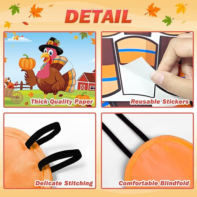 Pin The Tail on The Turkey Party Game with 24 PCS Tails for Kids Thanksgiving Fall Family School Games Activities
