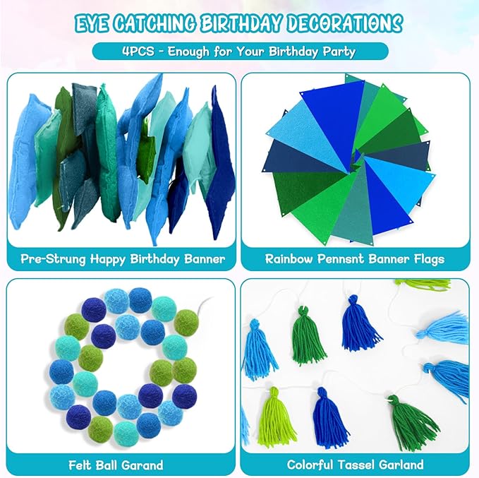 4PCS Pre-Strung Happy Birthday Banner - Felt Happy Birthday Garland, Ball Garland, Felt Pennant Flag, Blue Thread Tassel Reuasble Party Decorations for Boys Men Kids