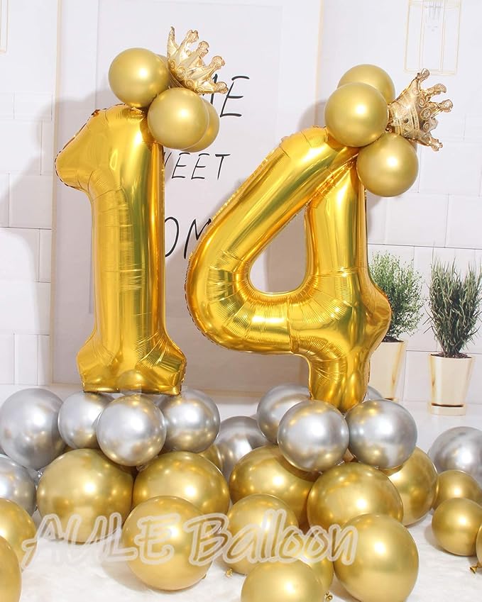 AULE 40 Inch Large 14 Balloon Numbers Gold, Big Foil Number Balloons, Giant Helium Happy 14th Birthday Party Decorations for Boy and Girl, Huge Mylar 41 Anniversary Party Supplies