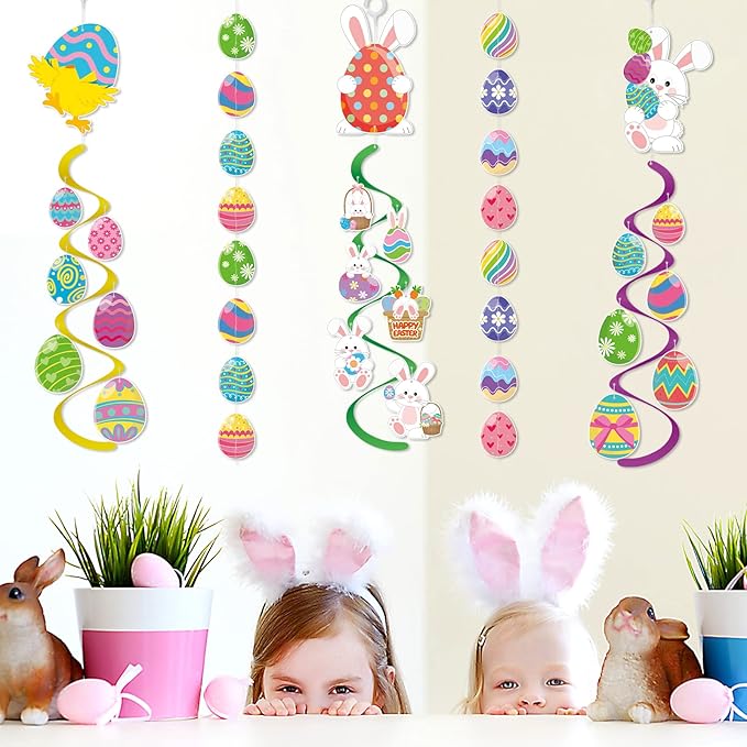 AhfuLife Easter Hanging Swirls Decorations, 3 Pcs Easter Paper Bunny Chick Eggs Decor and 2 Pcs Eggs Garland for Gifts Home Office School Party Favors Supplies