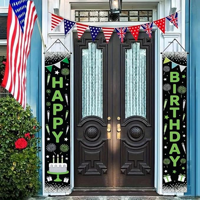 12x71 inch birthday porch banner suitable for indoor outdoor birthday party decoration, featuring green and black design, fireworks candle gifts, durable fabric, suitable for terraces