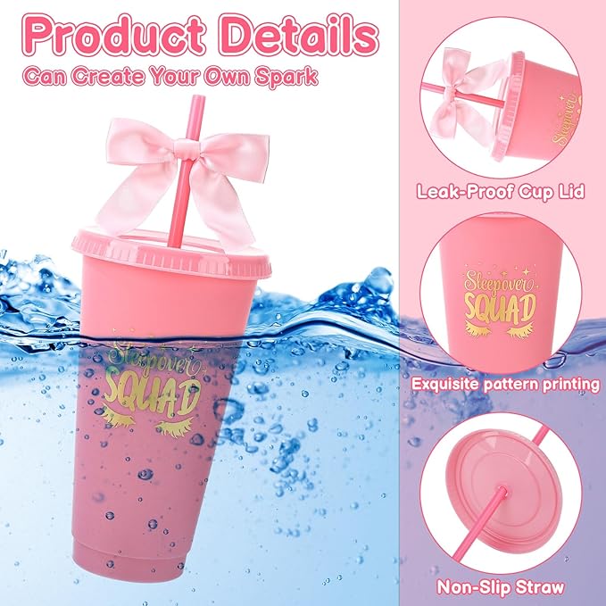 12 Pcs Sleepover Party Cups with Lids Straws and Bows 24 oz Plastic Coffee Tumbler for Spa Birthday Sleepover Party Supplies Girls