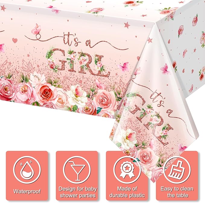 1 Pack Floral Baby Shower Tablecloth Decorations, It's a Girl Baby Shower Decorations, Pink Flower Gender Reveal Decorations for Girl, Plastic Disposable Baby Girls Table Cloth Party Decorations