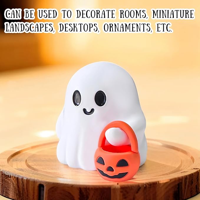 Halloween Ghost Figurine Cartoon Cute Spooky Carrying Pumpkin Basket Cute Halloween Office Desk Decor Display Ornament Tiny Trick or Treat Ghost Resin Statue for Home Supplies