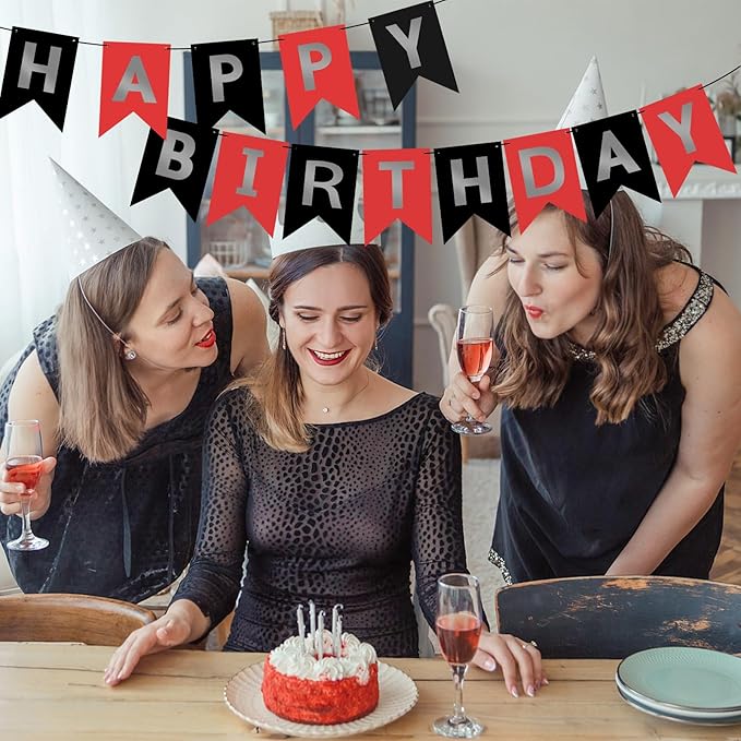 Red Silver Black Happy Birthday Banner Sign Happy Birthday Bunting Banner Garland for Kids Girl Woman Birthday Tea Party Decorations Bunting Flag Birthday Party Supplies