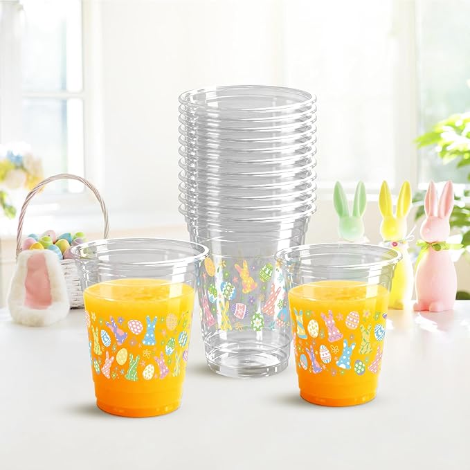 100 Pcs Easter Plastic Cups, 12 Oz Rabbit Bunny Eggs Disposable Clear Party Cups for Spring Easter Party Decoration Supplies Cold Drinking Beverage Ice Cream Snacks