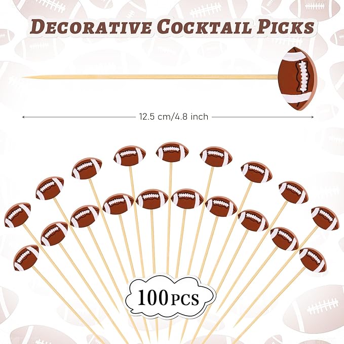 100 Pcs Football Toothpicks, 4.72 Inch Football Cocktail Picks for Appetizers, Long Bamboo Toothpicks, Decorative Toothpicks Skewers for Holiday Birthday Party Decorations (Football)