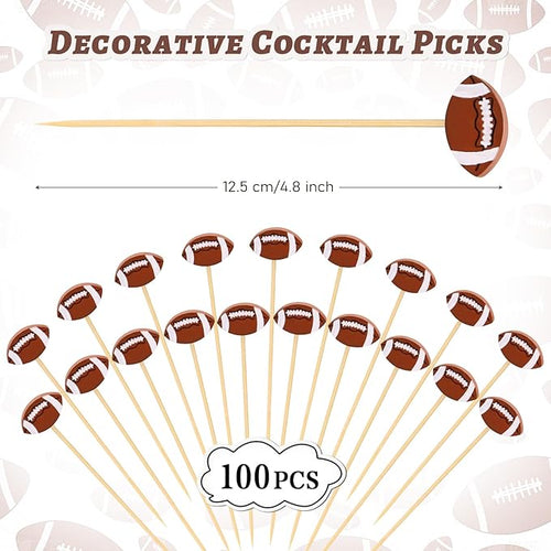 100 Pcs Football Toothpicks, 4.72 Inch Football Cocktail Picks for Appetizers, Long Bamboo Toothpicks, Decorative Toothpicks Skewers for Holiday Birthday Party Decorations (Football)