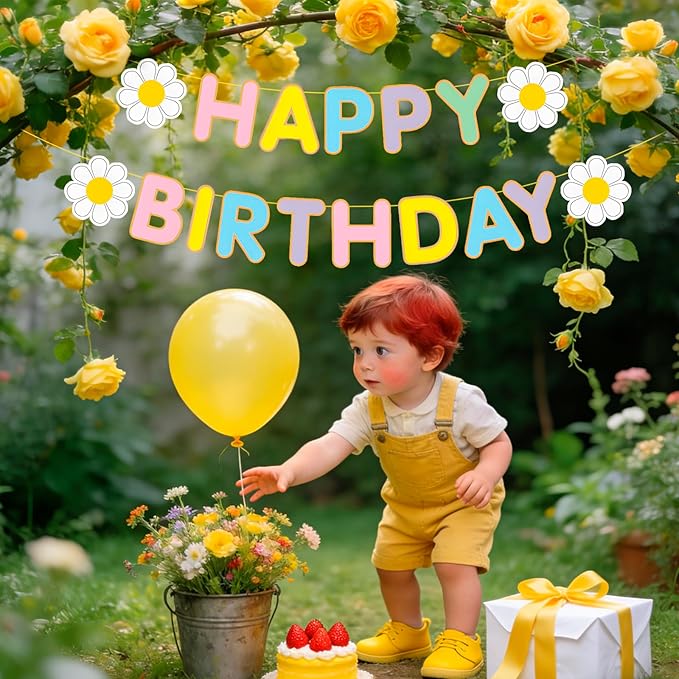 MEETINGU Daisy Flower Happy Birthday Banner,Multi Color Happy Birthday Banner,Daisy Party Decorations, Daisy Themed Birthday Banner for Girls Boys Women Kids, Daisy Birthday Party Decorations