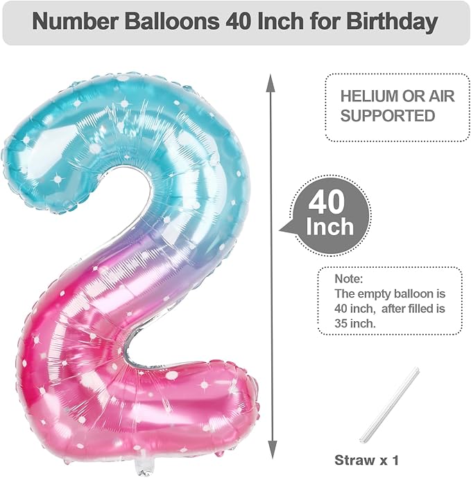 40 Inch Birthday 2 Balloon, Pink Blue Purple Number Balloons for Birthday Party Decoration, Big Number 2 Ballon for 2, 12, 20, 22, 2026 Celebration, Graduation, Birthdays, Baby Shower