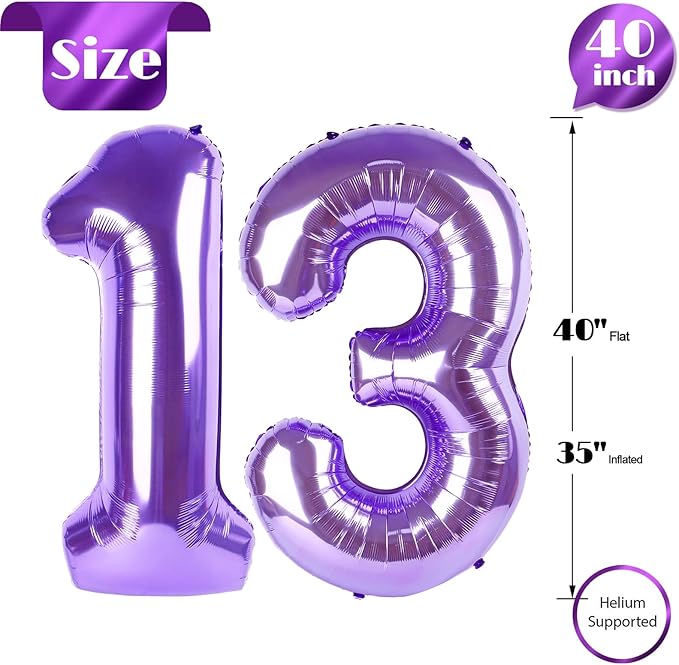 13 Balloon Number, Purple Number 13th 31th Birthday Balloons 40 Inch, 13 or 31 Years Old Purple Birthday Decorations for Boys Girls, 13th Anniversary Decorations