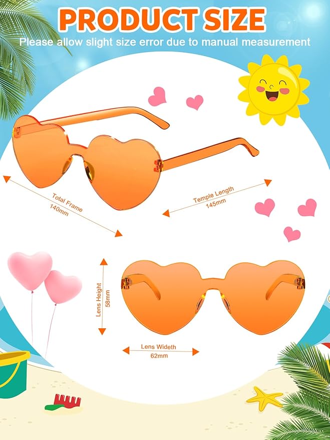 12 Pairs Heart Shaped Sunglasses for Women Colorful Glasses Fun Trendy Transparent Heart Sunglasses Party Favor
