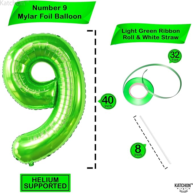 KatchOn, Giant Light Green Number 9 Balloon - 40 Inch | Foil 9 Birthday Balloon for 9th Birthday Decorations | 9th Anniversary Decoration | Green Party Decoration