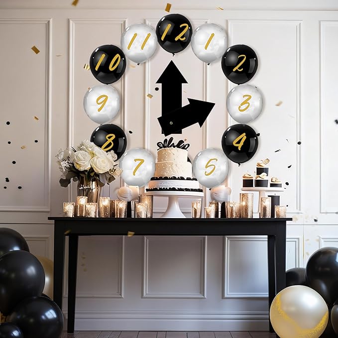14 Pcs New Year Eve Party Decor Kit Wall Clock Countdown Balloons Set with Confetti Inside, Countdown Celebration Picture Ready Wall for Year End Decor Celebration (Black Sliver Gold)