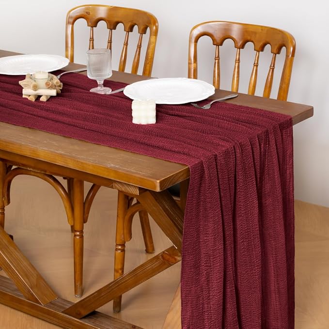 Socomi 6pcs Burgundy Gauze Cheesecloth Table Runner 120 Inch Rustic Boho Cheese Cloth Runner for Wedding Party Baby Bridal Shower Centerpiece Decoration Holiday Home Decorations