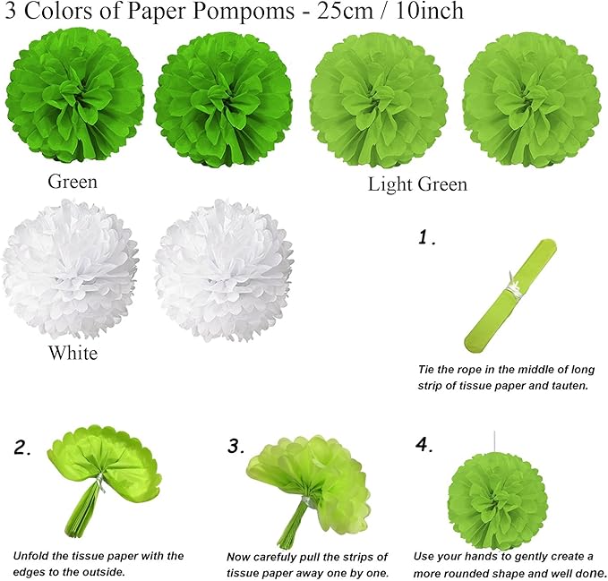 ZERODECO Birthday Party Decoration - Green & White Banner, Fans, Pom Poms, Balloons & More