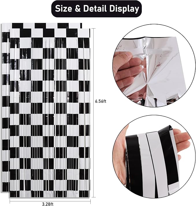 TONIFUL 2Pcs Checkered Door Streamers, Photo Booth Backdrop,Metallic Streamers Checkered Foil Fringe Curtains for Birthday,New Year,St. Patrick's Day Independence Day Labor Day Party (6.6ft x 6.6ft)