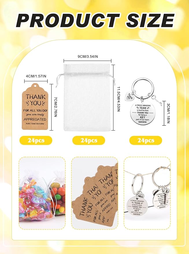 36 Pcs Employee Appreciation Gift Bulk Thank You Coworker Keychains with Organza Bags Inspirational Cards for Nurse Staff Team Customer Service Appreciation Gifts