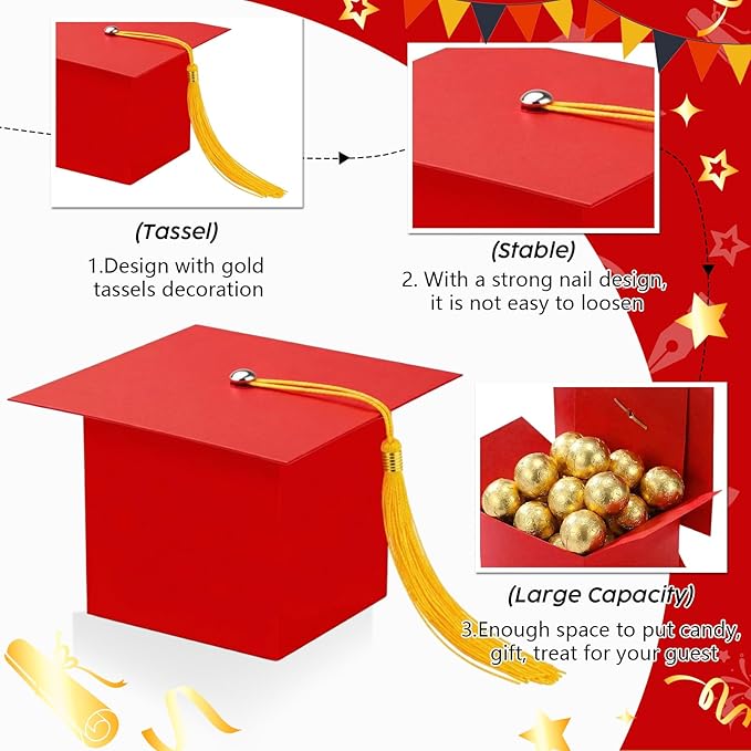 TaoBary 12 Pieces Graduation Candy Box Graduation Decorations Party Gift Boxes Graduate Cap Box Candy Chocolate Cookie Supplies for Ceremony Party(Red)