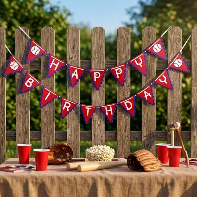 OZCZKZZ Happy Birthday Banner Baseball,Red,Navy Blue,Baseball Birthday Party Decorations