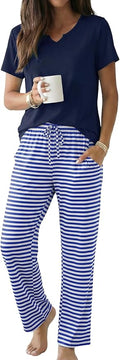 Ekouaer 2 Piece Womens Pajamas V Neck Short Sleeve Top and Long Pants Pjs Print Lounge Set Sleepwear