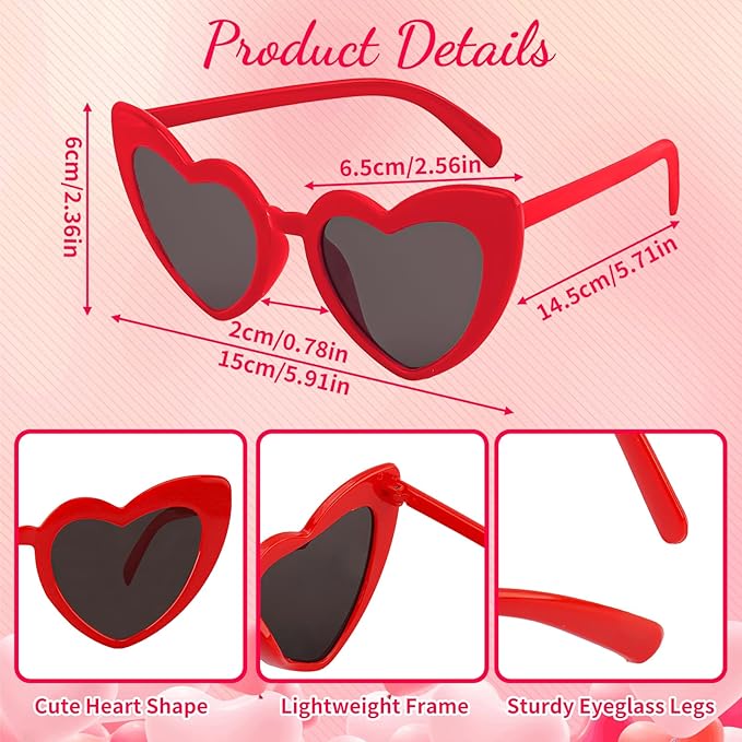 3PCS Valentine's Day Glassess for Women, Red & Pink Heart Shaped Sunglasses for Galentine's Day, Bid Day, Bachelorette Party & Daily Stylish Looks