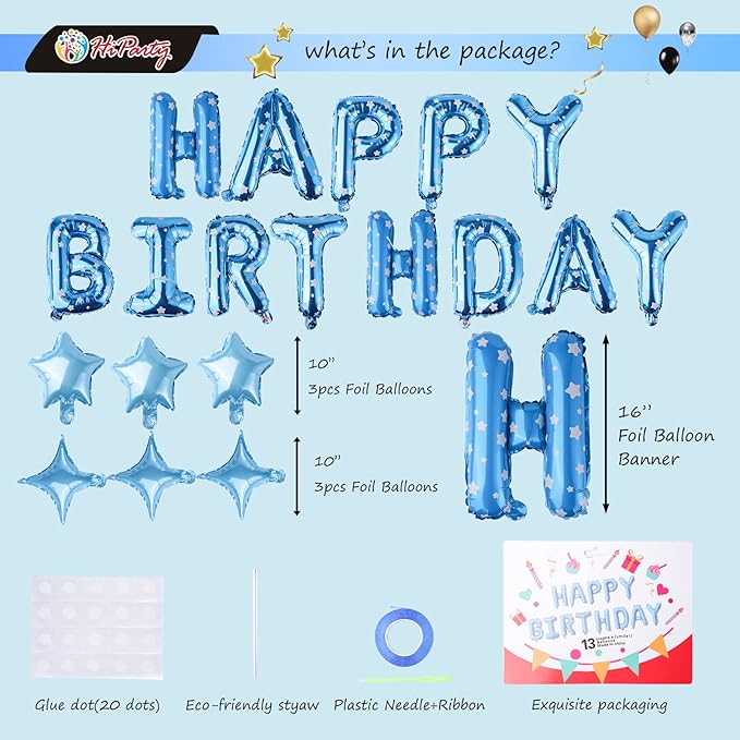 HiParty 24pcs Blue Point Happy Birthday Banner & Balloons, 3D Mylar Foil Star & Letter Balloons for Men Women Adults Kids, Ecofriendly Party Supplies