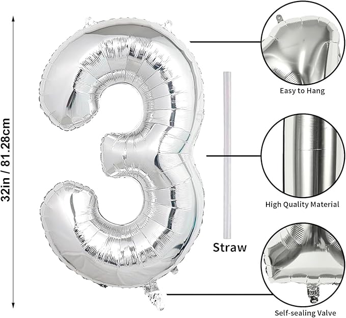 32 In Silver Large Numbers Balloons 0-9, Self Inflating Number 3 Balloons for Boys Girls, Big Silver Digit 3 Balloons for Women Men Birthday Party Anniversary Wedding Supplies Decorations