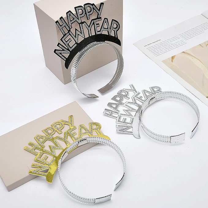 24 Pieces New Years Eve Party Supplies 2026,Happy New Year Headband Tiara,Metallic Fringed Noise Makers Gold Sliver for Kids and Adults