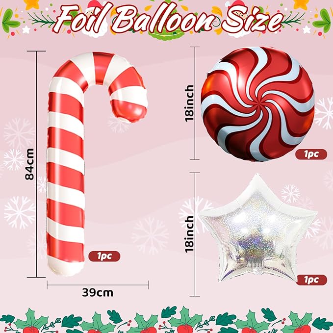 Christmas Balloon Arch, Red Green Gold Balloon Garland, Metallic Silver Red Candy Canes Sweet Candy Iridescent Star long Balloons For Christmas Theme Party Celebration Birthday Baby Shower Wedding