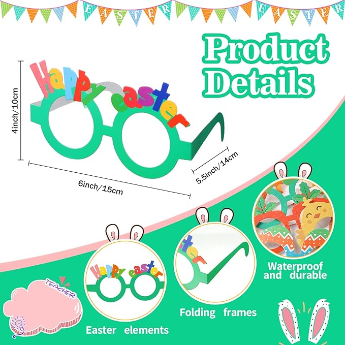 Lenwen 24 Pieces Happy Easter Glasses Paper Glasses Frame Chick Bunny Ears Eggs Eyeglasses Easter Day Eyewear for Kids Adults Photo Booth Props Party Favor Decorations Supplies