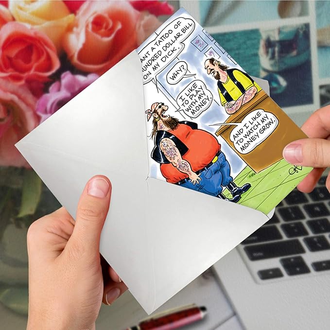 NobleWorks - 1 Cartoon Happy Birthday Card Funny - Hilarious Comic Greeting, Notecard with Envelope - 100-Dollar Tattoo 4767