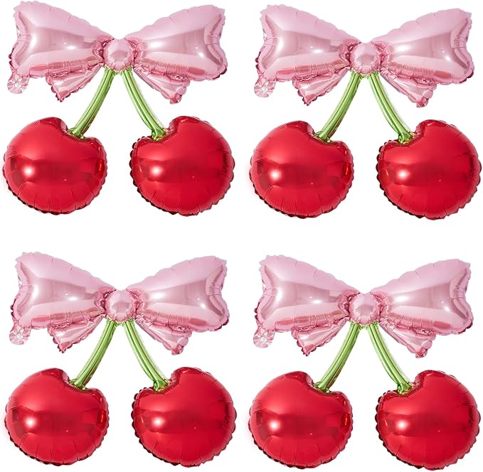 4Pcs Pink Bow Red Cherry Balloons for She's The Cherry On Top Party Foil Balloons Berry First Birthday Decorations Fruit Theme Baby Shower Bridal Wedding Party Supplies