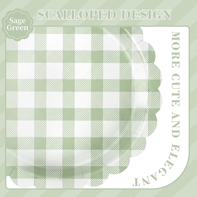 175 PCS Sage Green Gingham Party Supplies Includes Green Gingham Paper Plates, Cups, Napkins, Cutlery for Wedding Bridal Shower Birthday Baby Shower Party Decorations, Serves 25