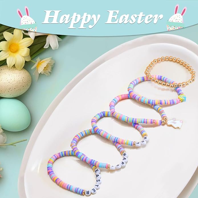 Easter Basket Stuffers for Women Happy Hoop Easter Bunny Bracelet Clay Bead Stackable Stretch Bracelet Cute Spring Jewelry Accessories Party Favors