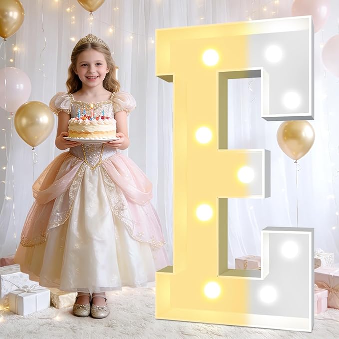 Pooqla 3FT Light Up Marquee Letters, Cool White and Warm White LED Large Lighted Marquee Letters, Giant Mosaic Letter Sign for Balloons Birthday Anniversary Wedding Party Decoration, LED E